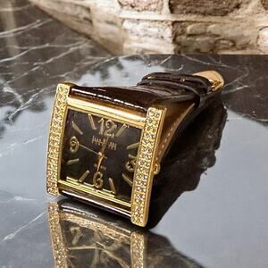 Vintage Joan Rivers Watch Womens Black Gold Tone Rhinestone Square Quartz RUNS